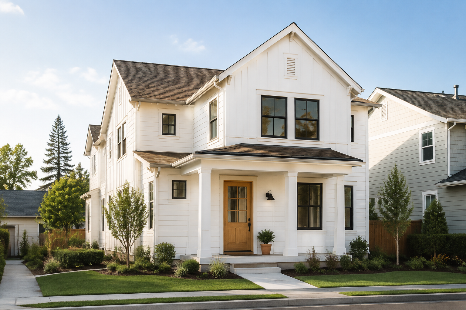 A bright white home with a welcoming oak front door